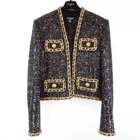 Balmain Runway Short Sequin Jacket With Decorative Golden Details In Black/Gold - Picture 3 of 11